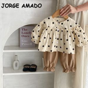 Clothing Sets Spring Autumn Baby Girl Long Puff Sleeves Dot Print Single Breasted Shirts TopPure Color Lace Edge Pants H6192 230919
