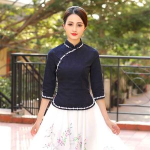 Ethnic Clothing Sheng Coco S-4XL Plus Size Traditional Chinese Cheongsam Shirts Navy Blue Woman Blouse Cotton Qipao Tops297A