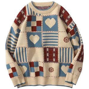 Kvinnors tröjor Vintage tröja Kvinnor Plaid Love Knitwear Harajuku Overized Print Knit Jumpers Streetwear Korean Heart Casual Pullovers Tops 230919