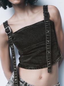 metal stud Buckle Elegant Denim Camisole for Women - Strapless, Backless, Slim Fit Crop Top for Fashionable Streetwear