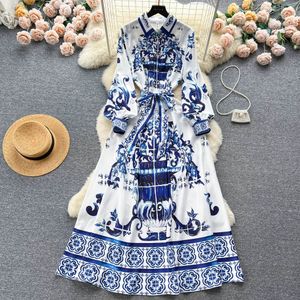 French light luxury retro high-end positioning printed dress with waistband temperament lapel long sleeve A-line long skirt