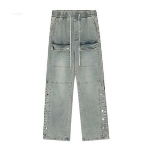 New High Street Jeans Fashion Designer Brand Washed and Worn Out Elastic Waist Drawstring Side Buckle Design Straight Leg Jeans