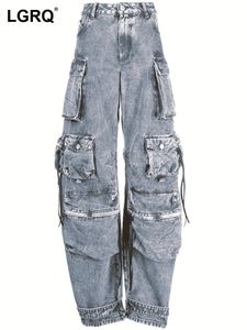 Kvinnors jumpsuits Rompers LGRQ Fashion Jeans Solid Color Slim High midja raka stora fickor Denim Cargo Pants Female Summer 2023 19J1999 230919