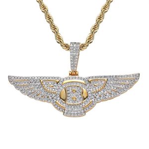 18k Gold Plated Angel Wings Halsband Pendant Iced Out Zircon Mens Bling Jewelry Gift330y