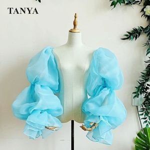 Five Fingers Gloves Sky Blue Organza Puffy Detachable Sleeves For Wedding Up And Down Party Translusent Elegant Full Length Gloves Dance Accessories 230818