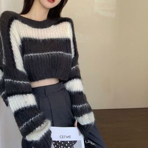 Women's Sweaters Deeptown Y2k Korean Grey Striped Cropped Sweater Women Hippie Harajuku Oversize Jumper Female Gyaru Jerseys Basic Knitwears 230919