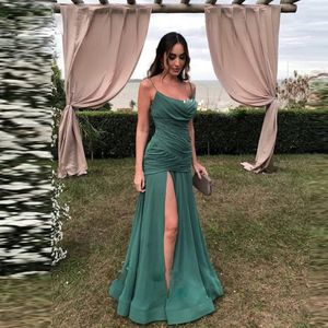 Green Spaghetti Strap Mermaid Bridesmaid Pleat Side Split Maid Of Honor Dresses Chiffon Women Formal Party Dress 326 326