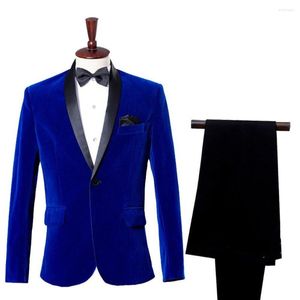 Ternos masculinos Royal Blue Homens Terno Preto Xaile Lapela Único Breasted Terno Veludo Prom Formal Duas Peças Jaqueta Calças Traje de Casamento Slim Fit