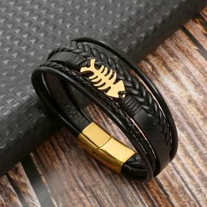 Brazalete con hebilla de acero inoxidable para hombre, pulsera con dije de pez de cuero de varias capas, Popular, para regalo