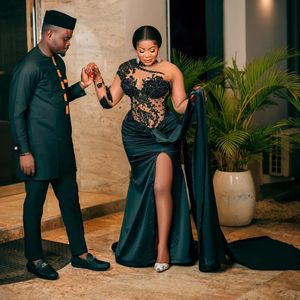 Pretty Aso Ebi Style Satin Mermaid Prom Dresses With One Shoulder Beading Side Slit Black Women Formal Dress African Party Gowns
