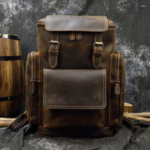 Aktentaschen Crazy Horse Leder Männer Rucksack Weiche Kuh Haut Vintage männer Echte Reise Wochenende Tasche Outdoor Große Größe