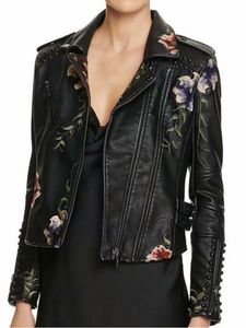 Kvinnorjackor Spring Autumn Floral Print Brodery Faux Leather Jackets Women High Street Moto Rivet Black Punk Ytterkläder Bikerrockar 230919