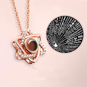 Hexagonal Projection 100 Languages I Love You Gold Crystal Necklace Female Quality Exquisite Metal Jewelry Collar Lovers Gift2424