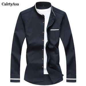 Calrtyasa Chinese Style Pure Color Oxford Shird Men Fashion Casuare Mandarin Collar Leng Sleeve Shirt Social Man Denim Blue265y