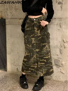 Tvådelt klänning vintage kamouflage tryck knapp upp y2k streetwear hög midja slits långa kjolkläder mode sexig midi 230919