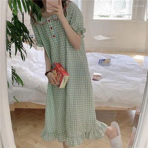 Damen-Nachtwäsche, kariert, für Damen, Sommer, Japan, koreanischer Stil, Nachthemd, Nachtkleid, Nachtwäsche, Heimkleidung, Rüschen, Blütenblatt, Kurzarm-Pyjamas