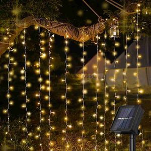 Cordas LED Festa Solar Led Cortina Ao Ar Livre Luzes Corda À Prova D 'Água Fada Jardim Luz Janela Festoon Garland Luz Festa Casa Decoração De Casamento HKD230919