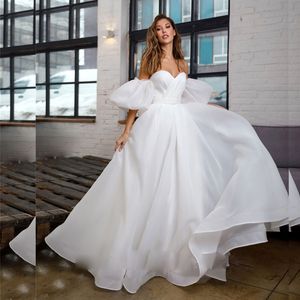 White Organza Sweetheart Wedding Guest Dresses With Remove Bishop Sleeve Simple Dress For Bride Beach Wedding bridal Gown