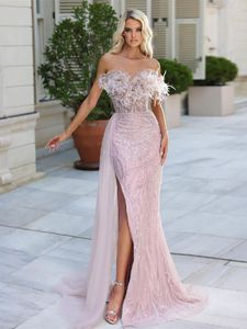 Party Dresses Pink Mermaid Evening Sleeveless Bateau Feather Shiny Sequins Beaded Appliques 3D Lace Side Slit Prom Custom Made