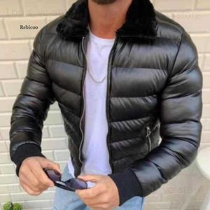 Męskie Parkas ciepłe mężczyzny stały kolor skórzany płaszcz Faux Fur Fllar Zipper Długie rękaw Casualna męska kurtka bawełniana Zima Nowa T230919