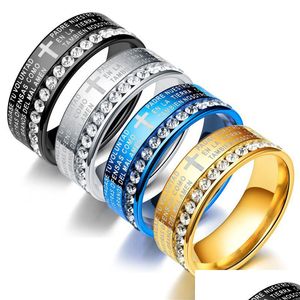 Band Rings Classic Spanien Bibel Skriftskors Korsar med Crystal Relin vers Rostfritt stål Fingerring för män Kvinnor Fashion Faith Dhyk1