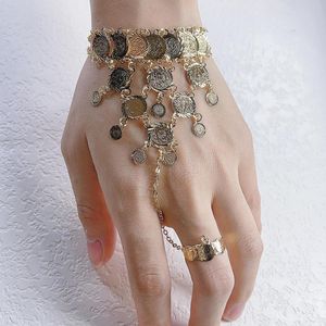 Link pulseiras lua jóias árabe oriente médio áfrica dubai cor ouro cobre moeda pulseira conectada ao anel ajustável para elegante