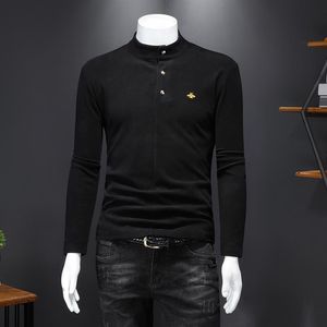 Warm men's tops bee embroidery long-sleeved T-shirts autumn and winter slim-fit buttons thin sections plus velvet and thicken217g