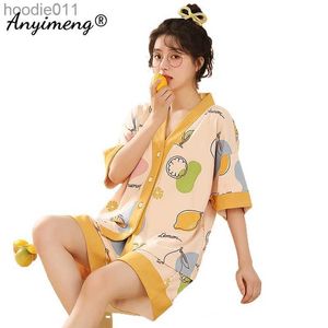 Women's Sleepwear Summer Juice Women Pajamas M-5XL Plus Size Kimono Sleepwear Casual Shorts Loungewear Cotton Lapel Cartoon Homesuits 2 Pieces Set L230919