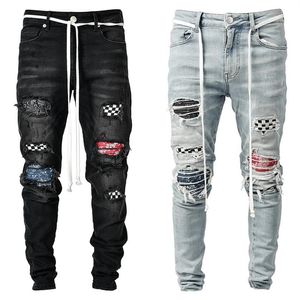 Herren Moto Biker Jeans Hip Hop Sticken Schwarz Blau Coole Skinny Ripped Stretch Schlanke Elastische Denim Bleistift Hosen Männlich S-3XL Y0127288U