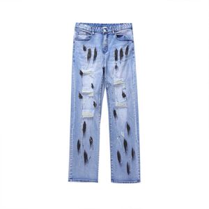 Designer Fashion Brand Jeans High Street Broken Hole Straight Spicy Ink Small Feet Casual Jeans