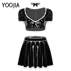 Bras Sets Womens Adult Maid Cosplay Costume Patent Leather WetLook V-Neck Puff Sleeve Top Ruffled High Rise A-Line Short Skirt Set2844