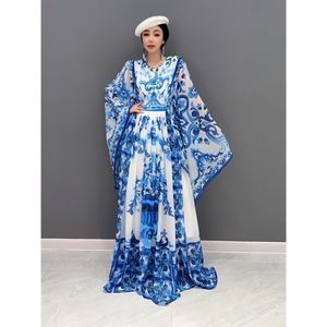 Vestido de férias vestido de balanço 2023 outono novo vestido de manga longa impresso chiffon estilo chinês azul e branco porcelana chão mop vestido confortável para mulher