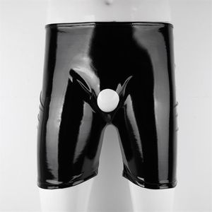 Women's Panties Black Mens Shiny Patent Leather Shorts Wetlook Open Penis Hole Crotchless Boxer Glossy Elastic Waistband Pant2182