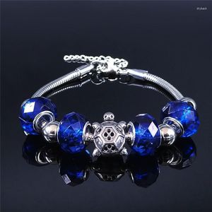 Link Bracelets Tortoise Stainless Steel Blue Glass Bead Charm Bracelet For Women Silver Color Jewelry Pulseras Mujer Moda BXS07