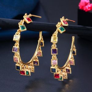 High End Luxury Chic Gold Color Rainbow CZ Big Circle Round Dangle Tassel Drop Charms Hoop Earrings for Women 2021 Boho Jewelry293h