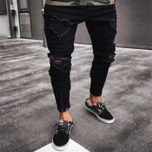 Calças pretas para homens hip hop rock buracos jeans rasgados motociclista ajuste fino zíper jean calças angustiadas344q