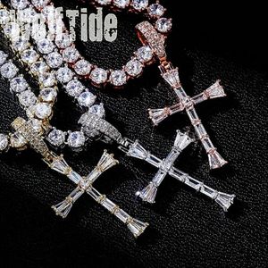 Iced Out Baguette Cubic Zirconia Cross Pendant Chain Necklace Personalized 18K Real Gold Plated Square CZ Diamond Hip Hop Rapper Jewelry Gifts for Men Women Bijoux