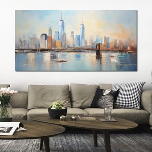 NY City View in Impressionism Style with Light Blue Toned Background Canvas Post Prints Picture for Hotel Bar Pub Wall Decor
