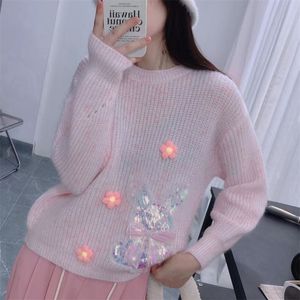 Kvinnors tröjor stickade kvinnor pullover söt kanin 3d virkning blommig sequine tröja kashmir mjuk båge jumper femme stickkläder diamanter h342 230918