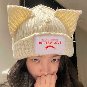 Bonito gato orelha de malha chapéu de lã moda feminina com capuz gorros inverno quente porco chapéus de lã design kpop personalidade bonnet 230920