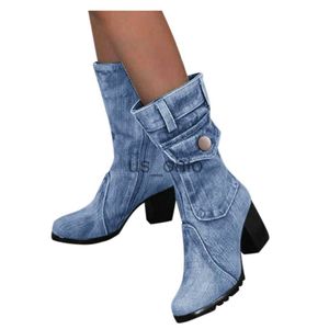 Botas azuis jeans botas femininas mid-rise roma sólido deslizamento-on grosso med saltos botas selvagens vintage tamanho grande senhoras sapatos j230919