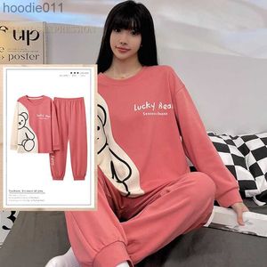 Kvinnors sömnkläder Spring Autumn Knttted Women's Pyjamas Set Tonåring Funny PJS Cartoon Bear Sleepwear Homewear Girls Pijamas Mujer Pyjama Fashion L230919