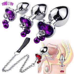 Sex Toy Massager Crystal Heart Buttplug Stainless Steel Leash Chain Anal Plug Bells Pendant Prostate Sm Erotic for Women Men