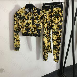 Vintage Print Tracksuit Tops Leggings Women Fashion Brand Long Sleeve Zipper Tops Fitness Stretch Pants