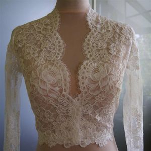 Vintage Spitze Hochzeitsjacken mit langen Ärmeln Sexy V-Ausschnitt Spitze Brautboleros 2018 Maßgeschneiderte Spitzenbolero-Hochzeitsaccessoires257Z