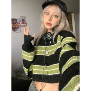 Women's Sweaters HOUZHOU Y2k Harajuku Green Striped Cropped Sweater Women Kpop Knitted Vintage Jumper Korean Style Knitwear Streetwear Pullover 230919