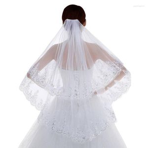 Brautschleier 2-stufiger Hochzeitsschleier mit Kamm, überbackener Spitzenbesatz, Glitzer-Pailletten, verziert, Wasserfall-Drape, Damen-Party-Haar-Accessoire