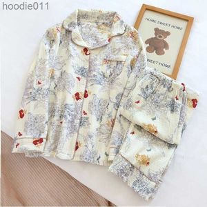 Women's Sleepwear 100% Cotton Gauze Women Pajamas Sleepwear Female 2 Piece Set Ink Painting Printing Nightwear Pyjamas Home Clothes Loungewear L230919