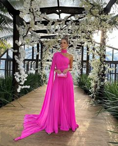 Elegant Long Chiffon Hot Pink Evening Dresses With Cape A-Line One Shoulder Halter Pleated Floor Length Prom Formal Party Prom Dress for Women