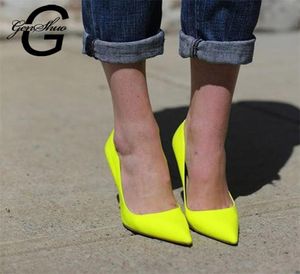 Брендовая обувь GENSHUO, женские туфли-лодочки на каблуке 10–12 см, туфли-лодочки на шпильке, неоновый желтый, пикантная вечеринка, большой размер 10, 11, 12 2109016675735